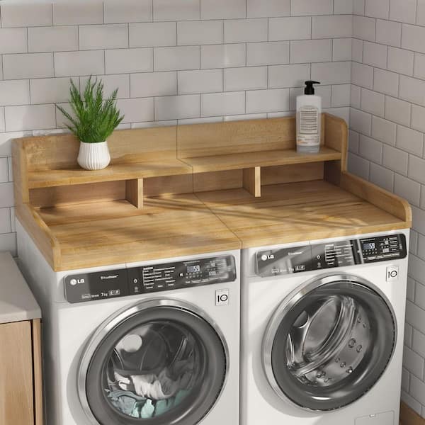 Natural Wood Washer Dryer Countertop, Storage Shelf with Rounded Edge Rails for Kitchen Laundry Room Organization