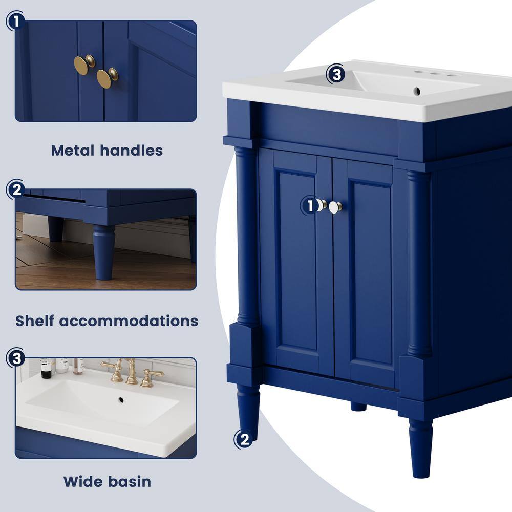 24" Navy Composite Freestanding Vanity with White Ceramic Top