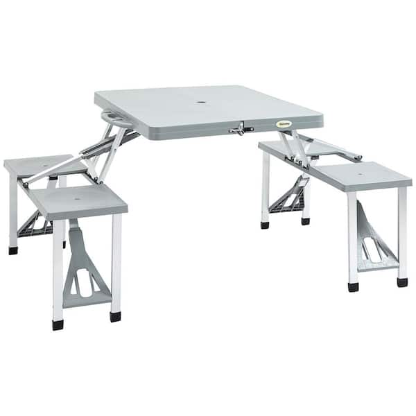 Misopily 53 in. Light Gray Rectangle Aluminum Folding Picnic Table with 4-Seats and Umbrella Hole