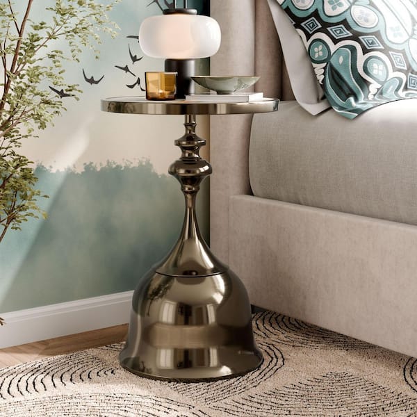 Knoll 15.75 in. Boho Antique Brass Metal Round Faux Marble Top End Table