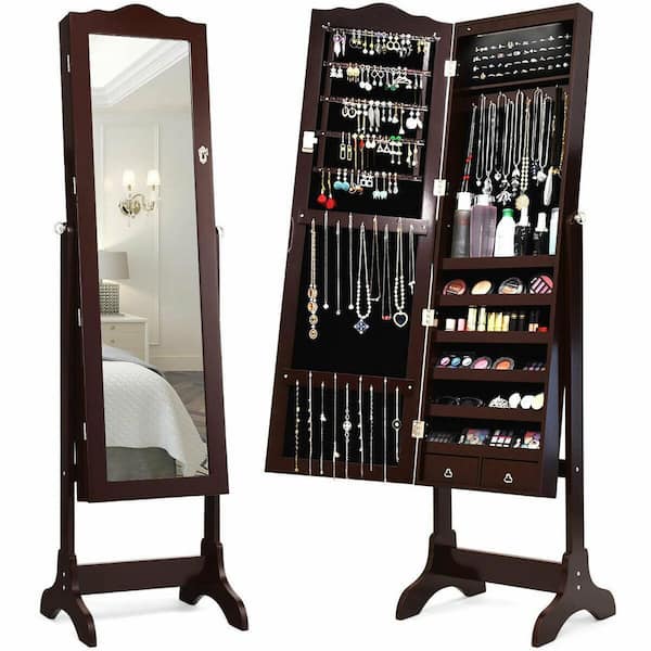 18 in. x 63 in. Coffee MDF Jewelry Armoire Storage Organizer Boxes with Full-Length Mirror and LED Lights