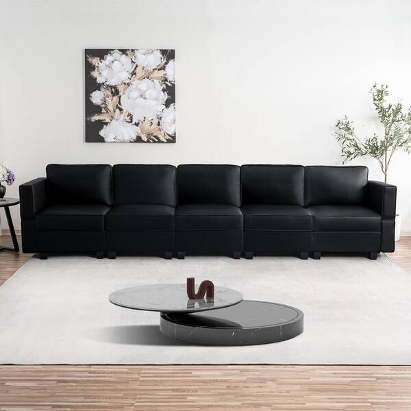 HOMESTOCK 112.8 in. W Faux Leather 7-Seater Living Room Modular Sectional Sofa for Streamlined Comfort in. Black
