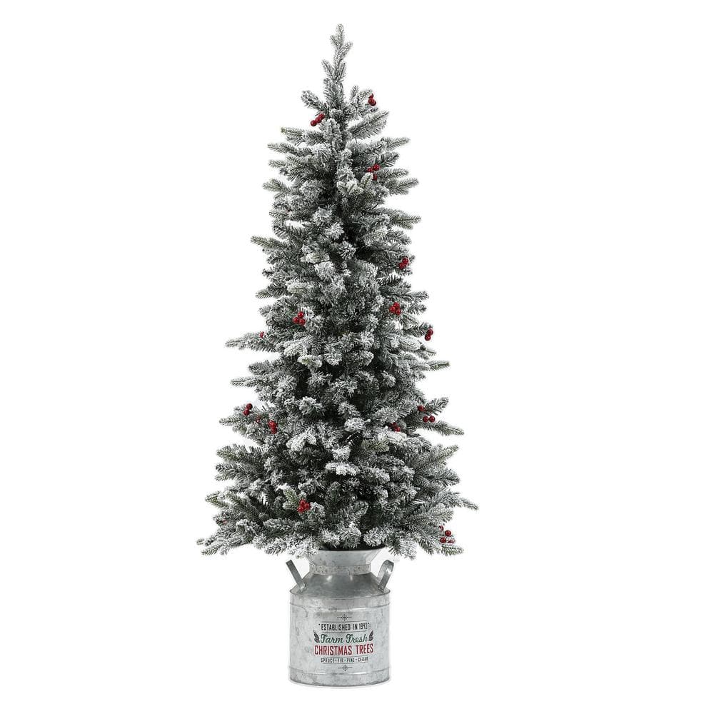 LuxenHome 5 ft. PreLit Flocked Artificial Christmas Tree with Metal