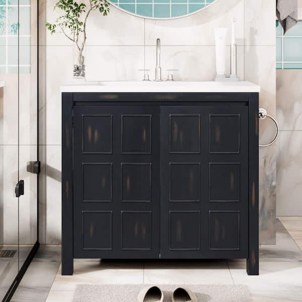 Qidian 36 in.W x 18 in.D x34 in. H Espresso Freestanding Bathroom Vanity, Combo Cabinet Set, Top with White Basin