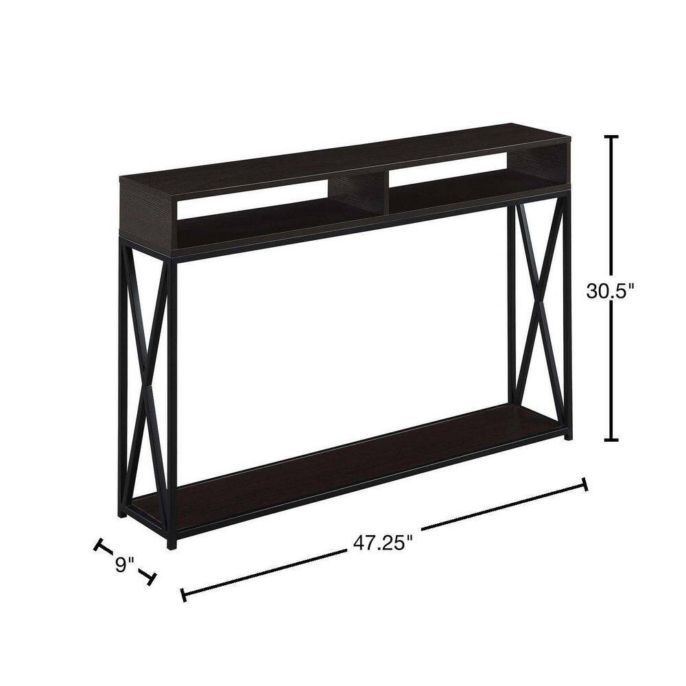 Espresso and Black Dual-Tiered Metal & Wood Console Table with Storage
