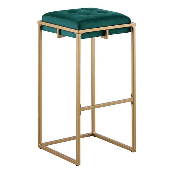Benjara 25 in. Green and Gold Low Back Metal Frame Barstool with Fabric Seat (Set of 2)