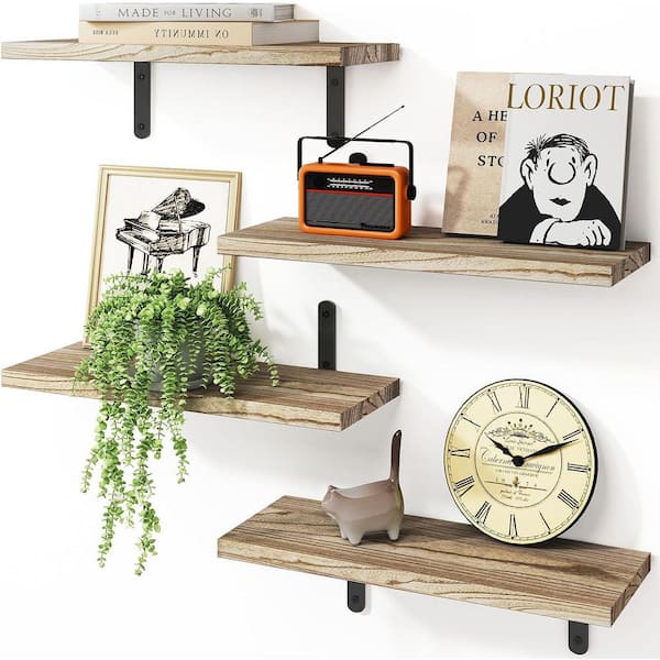 24 in. W x 12 in. D x 6 in. H Floating Shelves Set of 4, Rustic Brown Wood Wall Mounted Storage Shelves