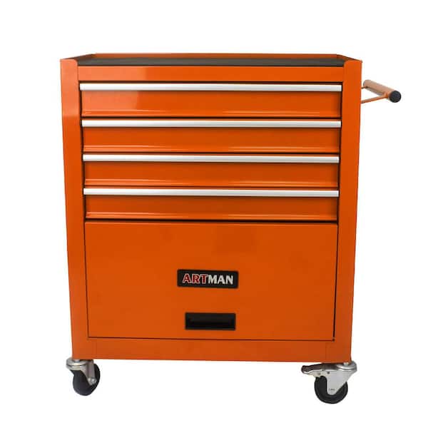 Orange 4 Drawers Multi functional Steel Tool Cart with Wheels and Pull Handle
