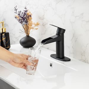 Mondawell Open Waterfall Single Handle Single Hole Low Arc Bathroom Faucet with Drain and Supply Lines in Matte Black