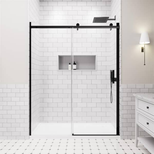56-60 in. W x 74 in. H Single Sliding Semi-Frameless Shower Door in Matte Black with 5/16 in. Tempered Clear Glass