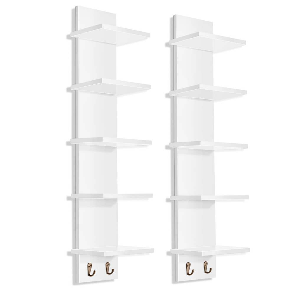 5-Tier Wall Shelf Unit with Hooks (Set-2), 6 in. W x 5 in. D White MDF Deco