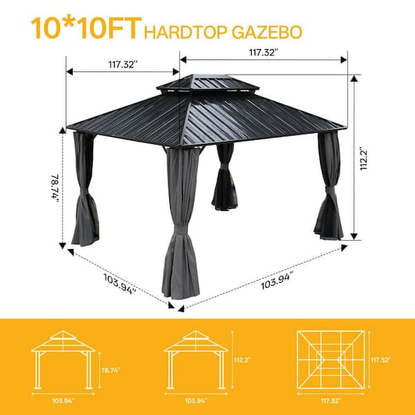 10 ft. x 10 ft. Black Outdoor Aluminum Hardtop Gazebo with Metal Roof Pergola, Netting, and Curtain