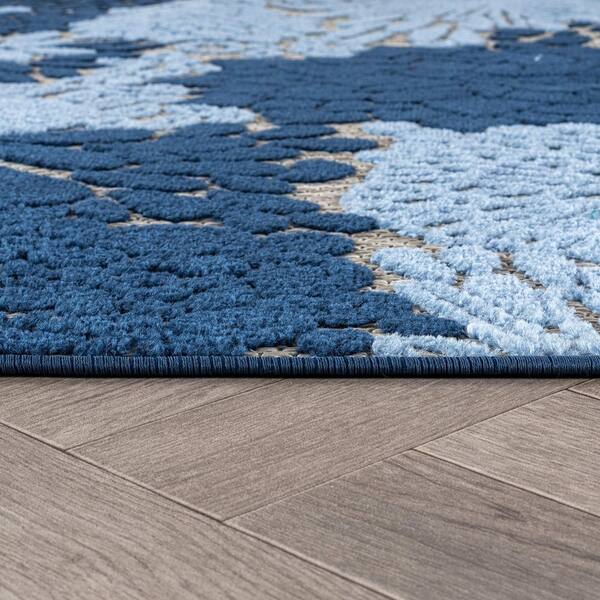 Indoor/Outdoor High-Low Textured, Floral, Easy-Clean Patio Rug 2 ft. x 7 ft. Blue Area Rug