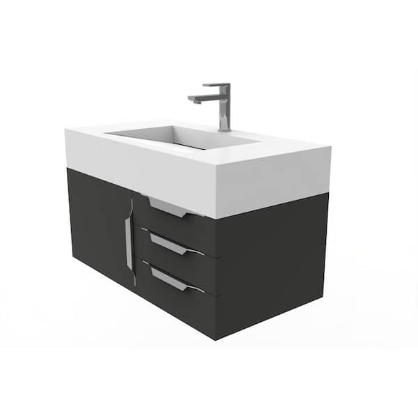 castellousa Nile 36 in. W x 19 in. D x 20 in. H Bath Vanity in Matte Black with Chrome Trim and White Solid Surface Top