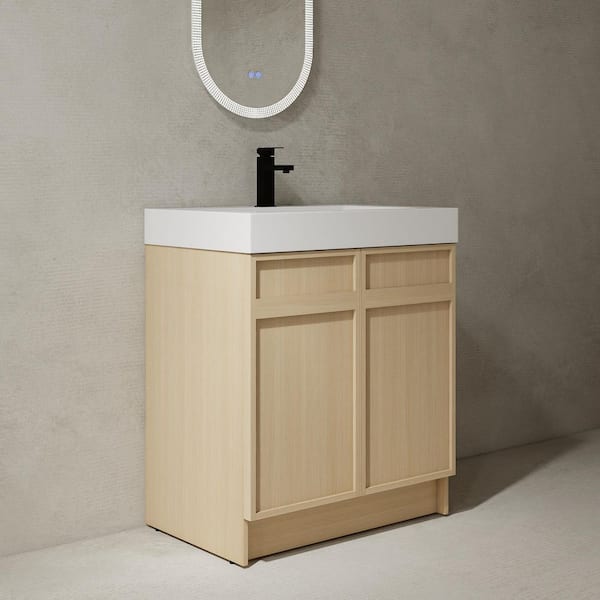 30 in. Single Sink Freestanding Oak Bath Vanity with White Resin Top, Adjustable Shelf, Sewer Cover