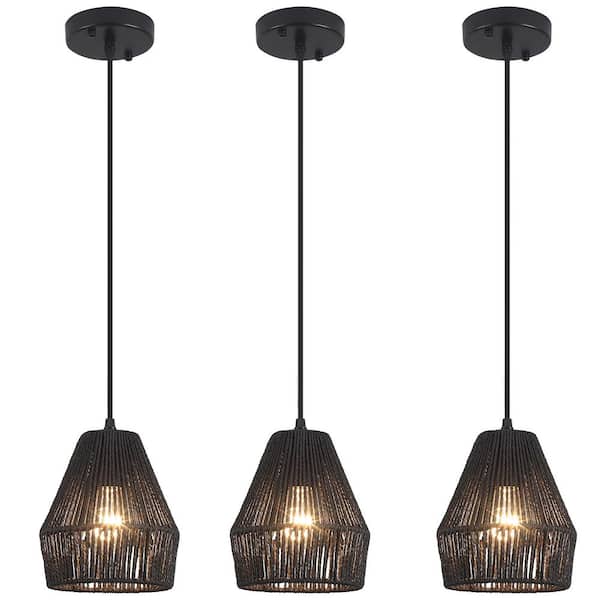 3-Light Black Metal Hanging Pendant Light Chandelier with Paper Rattan Shade