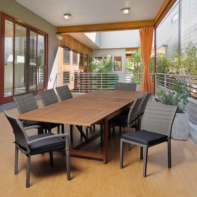Jones 9-Piece Eucalyptus Extendable Rectangular Patio Dining Set with Grey Cushions