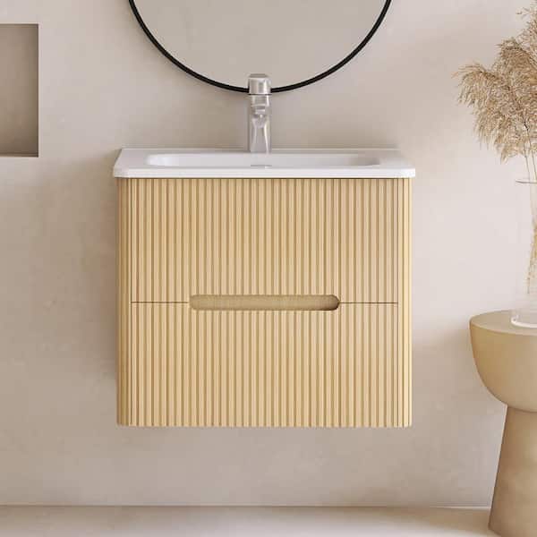 24 in. Single Sink Wall-Mounted Natural Oak Bathroom Vanity with White Ceramic Top