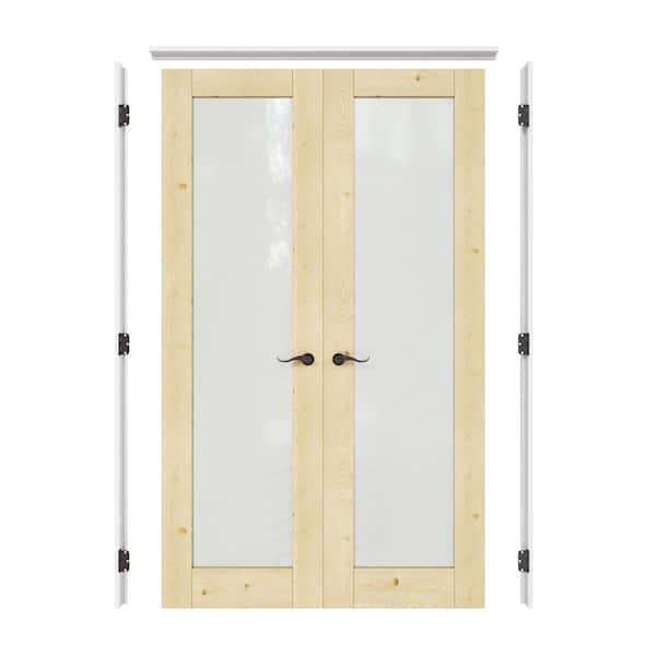 36 in. x 80 in. 1 Lite Frosted Glass Universal Unfinished Solid Pine Wood Double Prehung French Door + Quick Primed Jamb