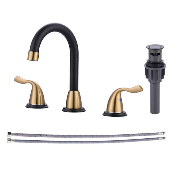 AVITAS 8 in. Widespread 2-Handle Bathroom Faucet with Pop-up Drain 3-Hole 360° Rotation Sink Faucet in Black and Gold