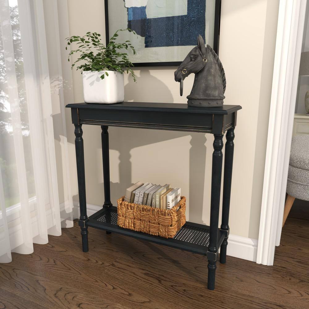 Black Wood Console Table with Glass Shelf and Storage