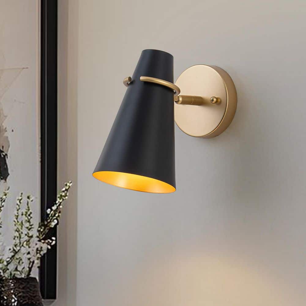 Barn 1-Light 5.2-in W x 8.3-in H Painted Gold Adjustable Light Head Cone Wall Sconce with Matte Black Shade for Bedroom price history on PriceWatchPro