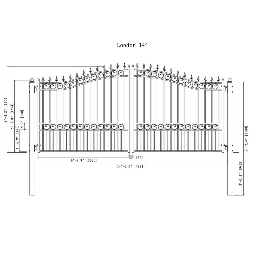 London Style Black Steel Dual Swing Driveway Gate 14 x 6 Feet
