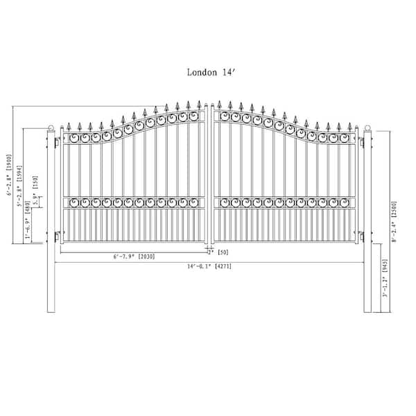London Style 14 ft. x 6 ft. Black Steel Dual Driveway Fence Gate