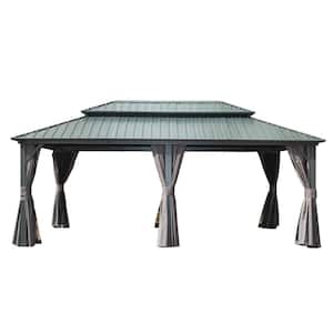 12 ft. x 20 ft. Gray Hardtop Aluminum Gazebo with Galvanized Steel Double Roof, Curtains and Netting for Patio Deck
