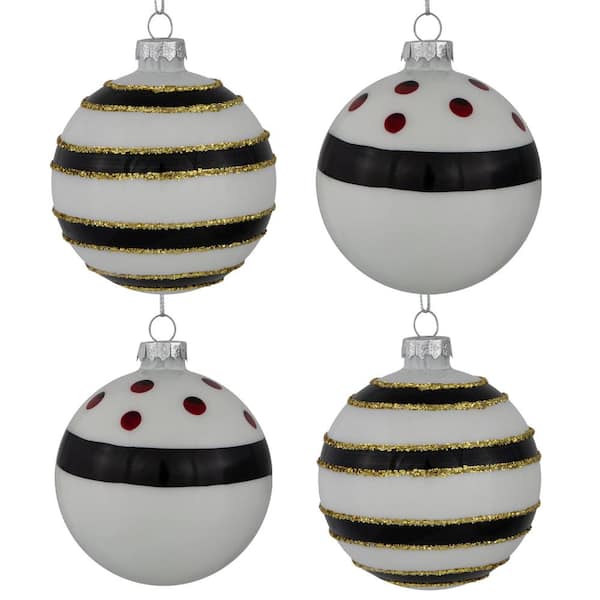 Northlight 3 in. (80 mm) Shiny White and Black Striped Christmas Glass Ball Ornaments (Set of 4)