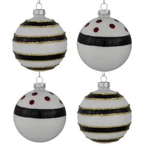 3 in. (80 mm) Shiny White and Black Striped Christmas Glass Ball Ornaments (Set of 4)