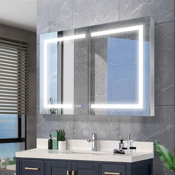 AZDHOME 44 in. W x 30 in. H Silver Aluminum Rectangular Recessed/Surface Mount LED Medicine Cabinet with Mirror and Dimming