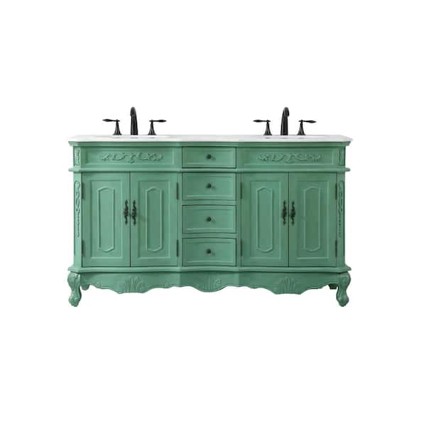 Unbranded Simply Living 60 in. W x 21 in. D x 36 in. H Double Sink Bath Vanity in Vintage Mint with Ivory White Engineered Marble