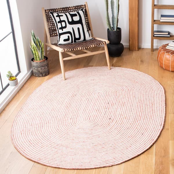 Braided Red Ivory 6 ft. x 9 ft. Abstract Striped Oval Area Rug