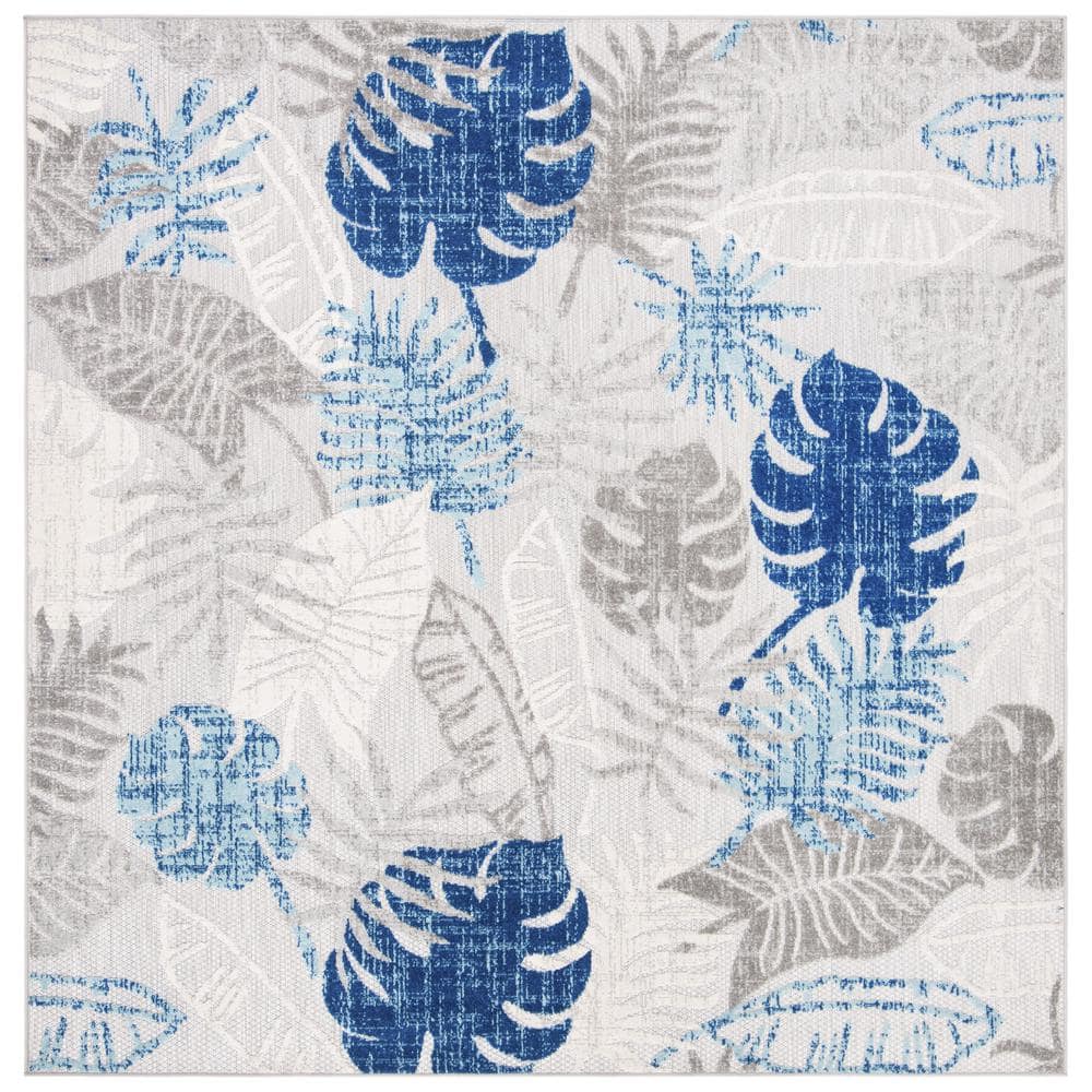 Cabana Floral Square Easy-Care Blue Synthetic 79" Area Rug