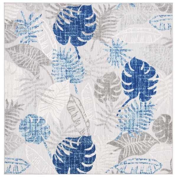 SAFAVIEH Cabana Gray/Blue 7 ft. x 7 ft. Geometric Leaf Indoor/Outdoor Patio  Square Area Rug