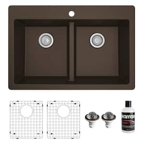 QT-810 Quartz/Granite 33 in. Double Bowl 50/50 Top Mount Drop-in Kitchen Sink in Brown with Bottom Grid and Strainer