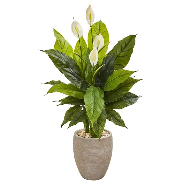 Nearly Natural 47 in. Spathiphyllum Artificial Plant in Sand Colored Planter (Real Touch)