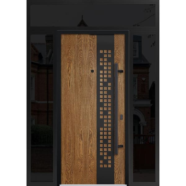 6678 60 in. x 96 in. Left-hand/Inswing 3 Sidelights Natural Oak Steel Prehung Front Door with Hardware