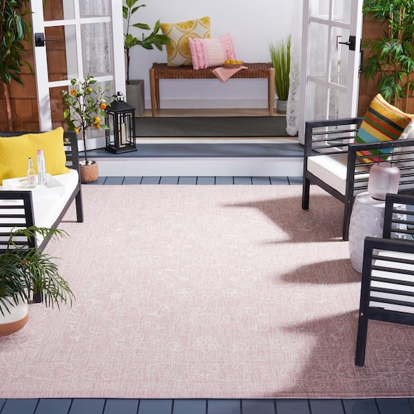 Courtyard Pink/Ivory 8 ft. x 10 ft. Soft Border Floral Scroll Indoor/Outdoor Area Rug