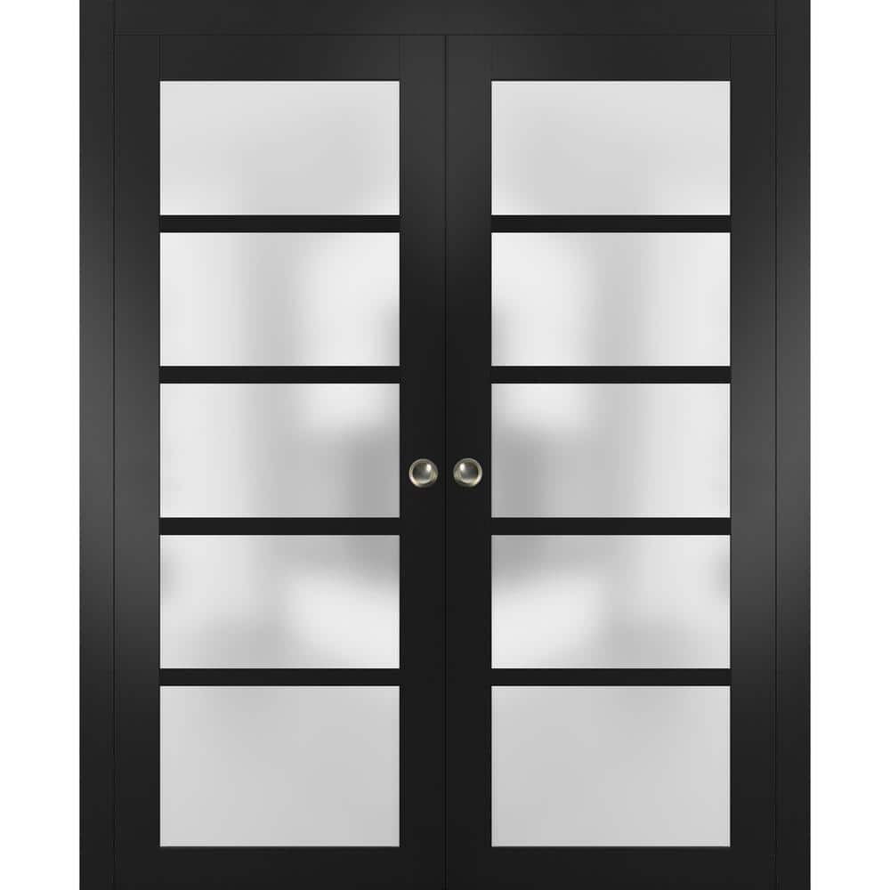 Matte Black 64" x 80" Frosted Glass 5-Panel Pocket Doors