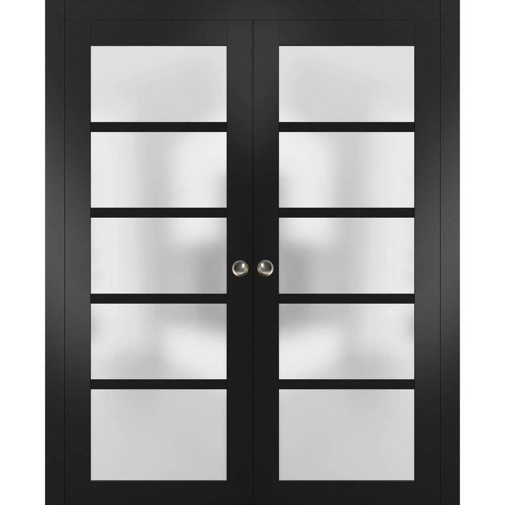 84 x 84 Matte Black Frosted Glass 5-Panel Pocket Doors