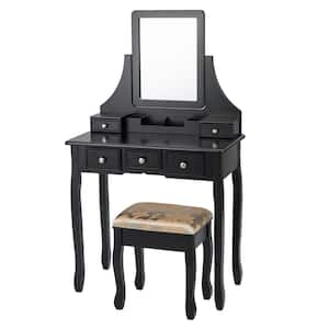31.5 in. W x 16 in. D x 55 in. H Black Vanity Set Makeup Dressing Table and Stool with 5-Drawers
