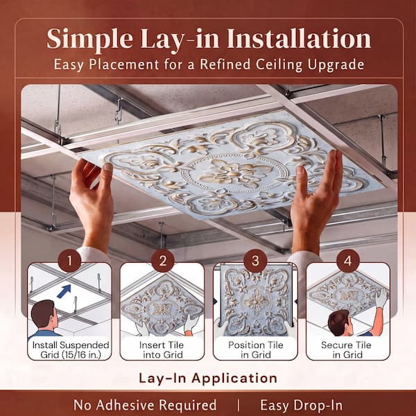 Gaby Aged White Gold 2 ft. x 2 ft. PVC Glue Up or Lay in Faux Tin Ceiling Tile (300 sq. ft./Case)