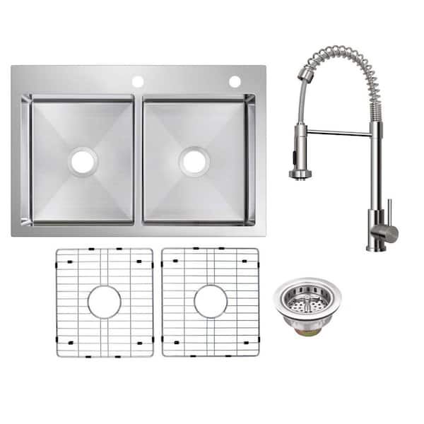 33 in. Drop-In/Undermount 50/50 Double Bowl 18-Gauge Stainless Steel Kitchen with Pull Down Sprayer Faucet