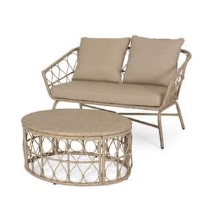 Montserrat Light Brown 2-Piece Wicker Outdoor Loveseat and Coffee Table Set with Beige Cushions
