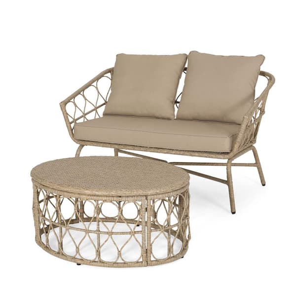 Noble House Montserrat Light Brown 2-Piece Wicker Outdoor Loveseat and Coffee Table Set with Beige Cushions