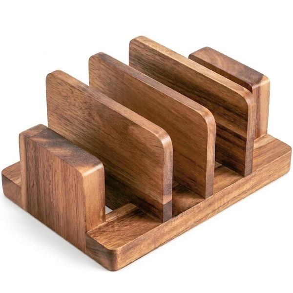 Brown Acacia Wood 4-Slot Cutting Board Holder Rack with Vertical Countertop Storage for Pots, Pans, Lids and Trays