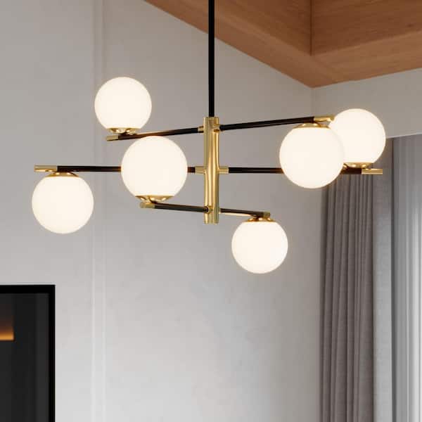 6-Light Black and Gold Mid Century Modern Sputnik Chandelier
