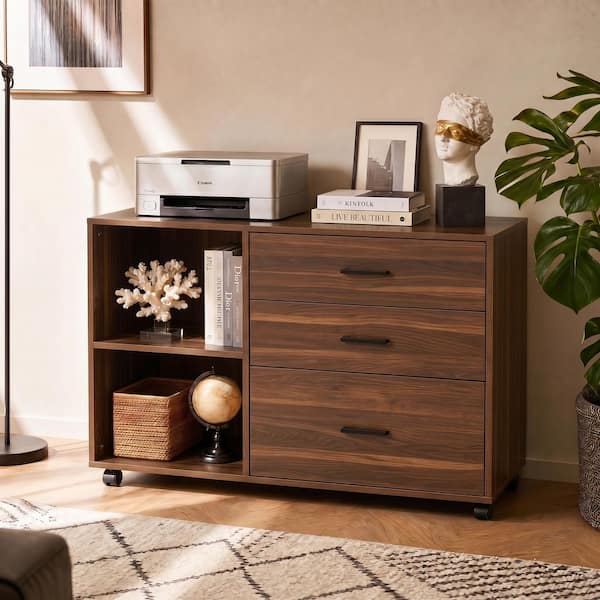 Atencio 3-Drawer Light Walnut Engineered Wood 39.37 in. W Lateral File Cabinet with Storage Shelves for Home Office